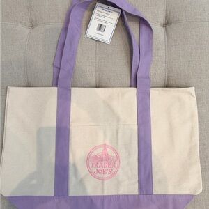 Trader Joe's Cream Canvas Tote with Lavender Handles
